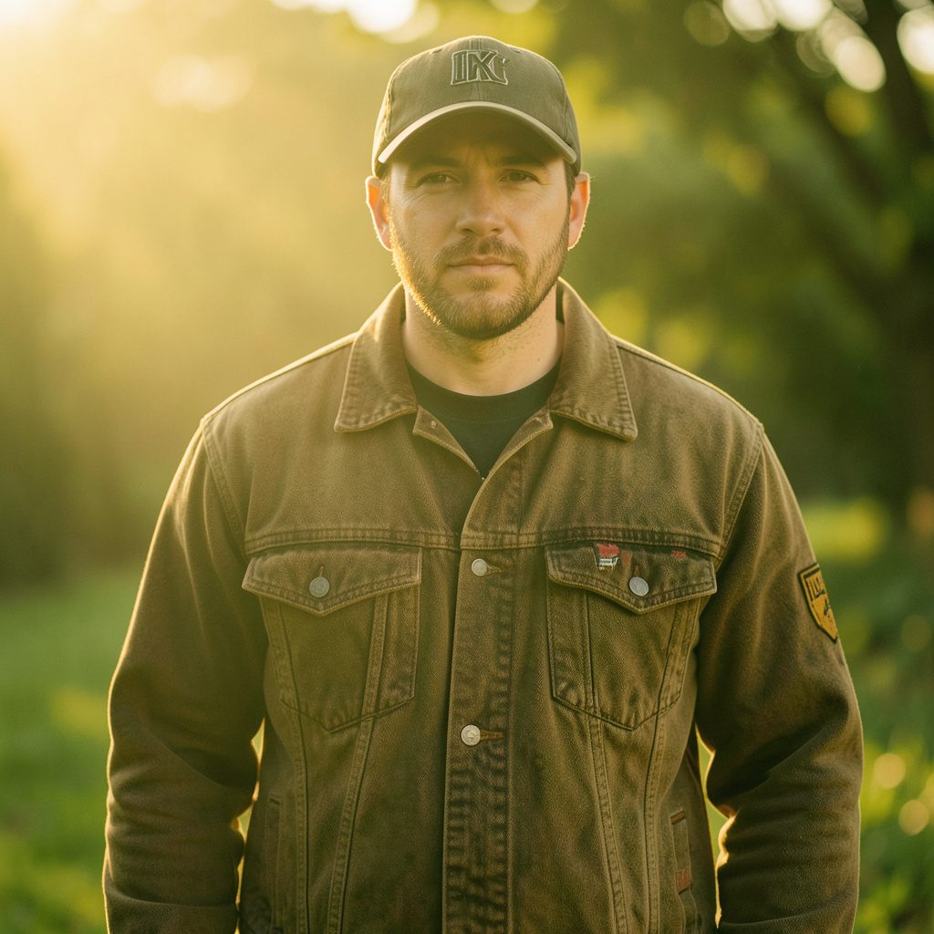 A warm golden-hour photograph of a Carhartt work shirt in tan brown, folded neatly on a weathered wooden workbench with vintage tools nearby.