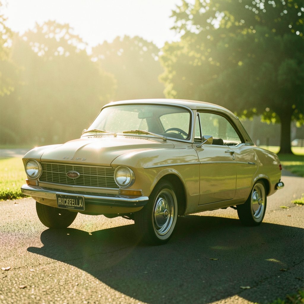 A sunlit scene of a woman in a classic 1950s polka-dot dress with a full petticoat, standing near a vintage car in golden late-afternoon light.