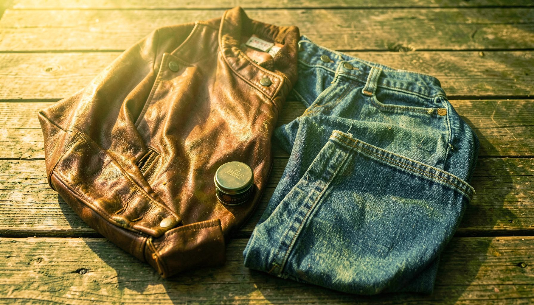 A warm golden-hour photograph of a neatly arranged flat lay featuring a vintage leather jacket, a pair of selvedge denim jeans, a classic pomade tin, and a retro belt buckle on a weathered wooden surface, evoking 1950s Americana style.