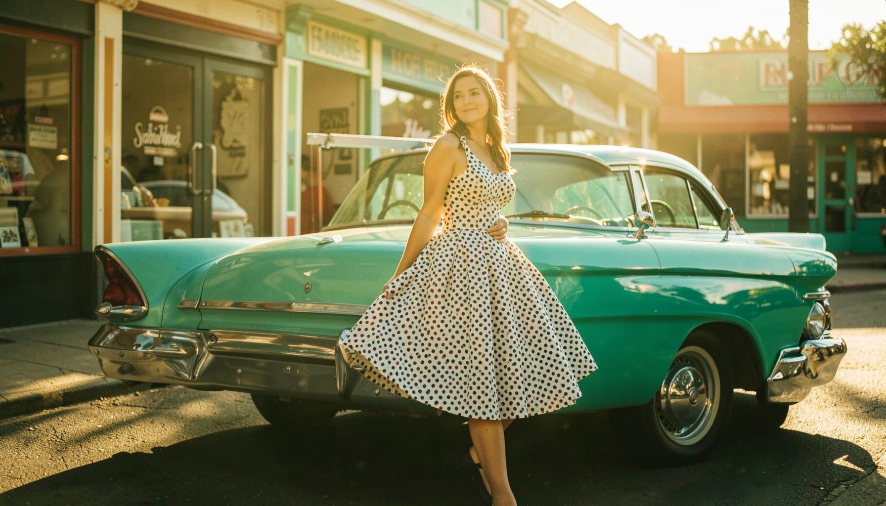 A woman in a polka-dot swing dress with a full petticoat, standing beside a vintage turquoise car in warm golden-hour sunlight, with retro storefronts in the background.