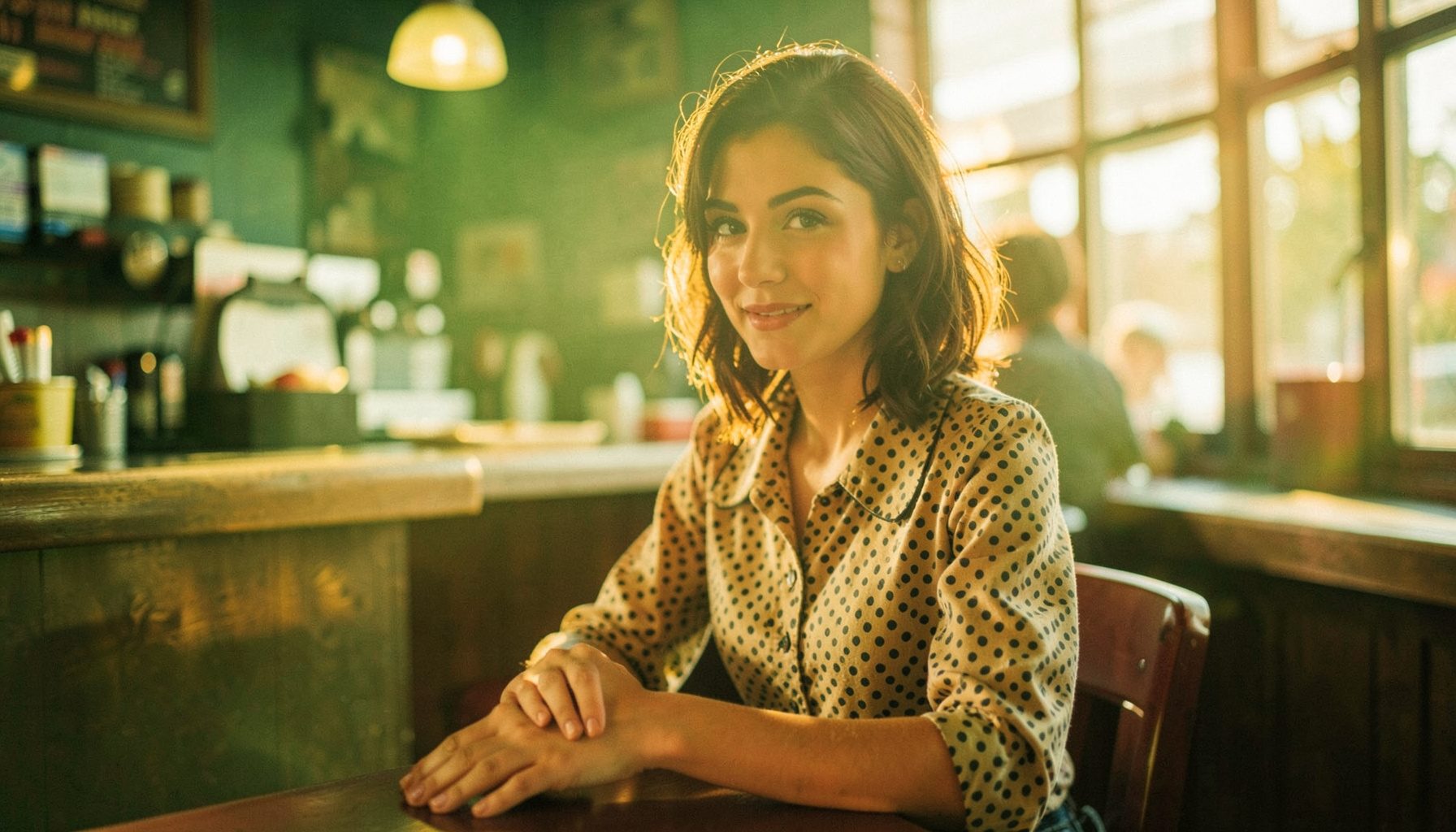 A woman in a vintage-style polka-dot blouse with a Peter Pan collar, seated at a diner counter in warm afternoon light.