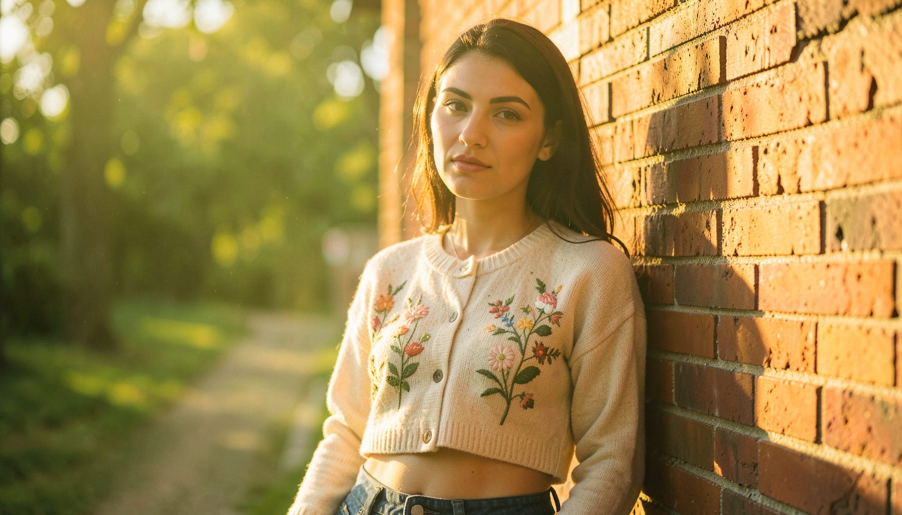 A woman in a cropped cardigan with embroidered flowers, leaning against a brick wall in golden-hour light.