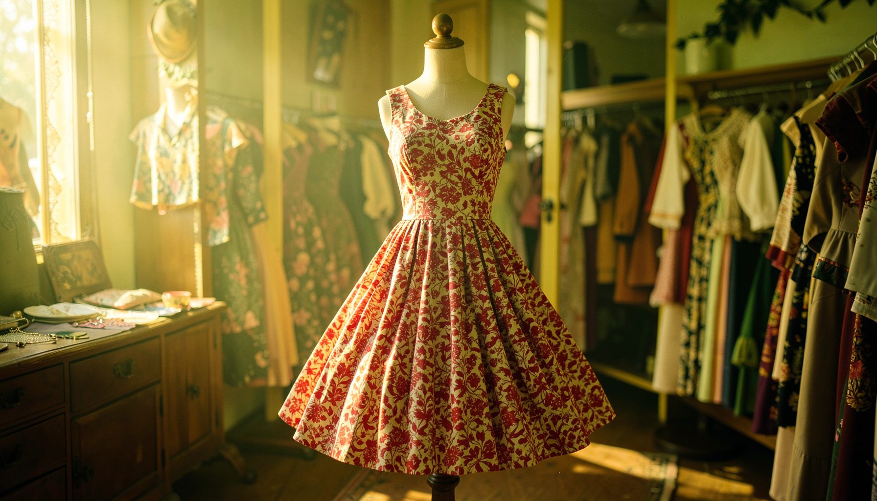 A swing dress in cherry-print fabric on a mannequin, with a full circle skirt catching the light in a sunlit vintage boutique.