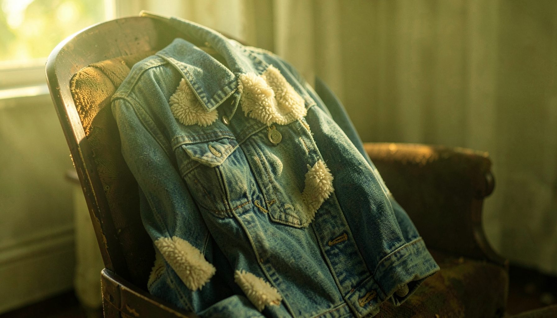 A cropped denim jacket with chenille patches, draped over a vintage chair in warm afternoon light.