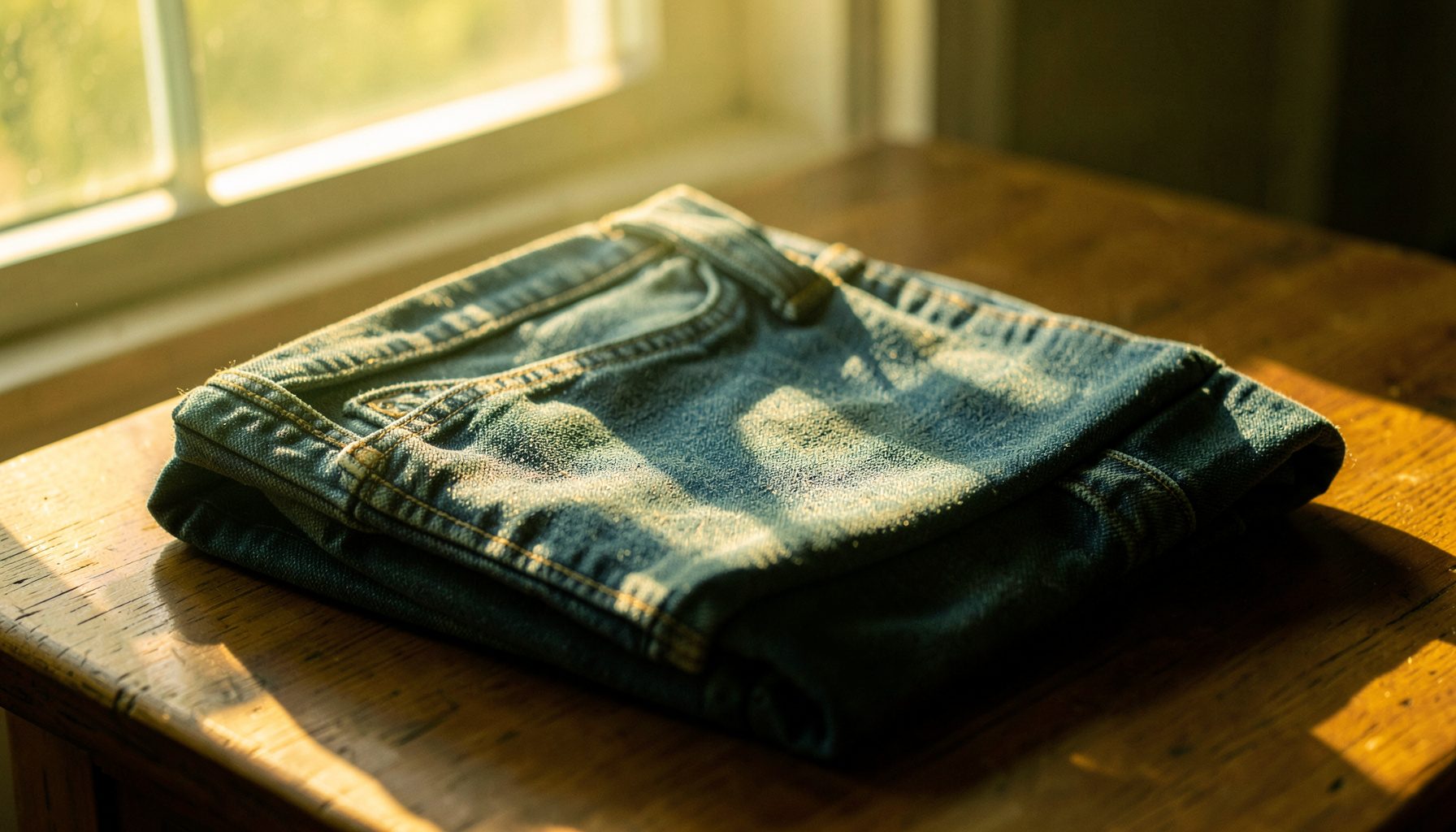 A pair of cuffed selvedge denim jeans folded on a wooden surface, with golden sunlight streaming through a window.