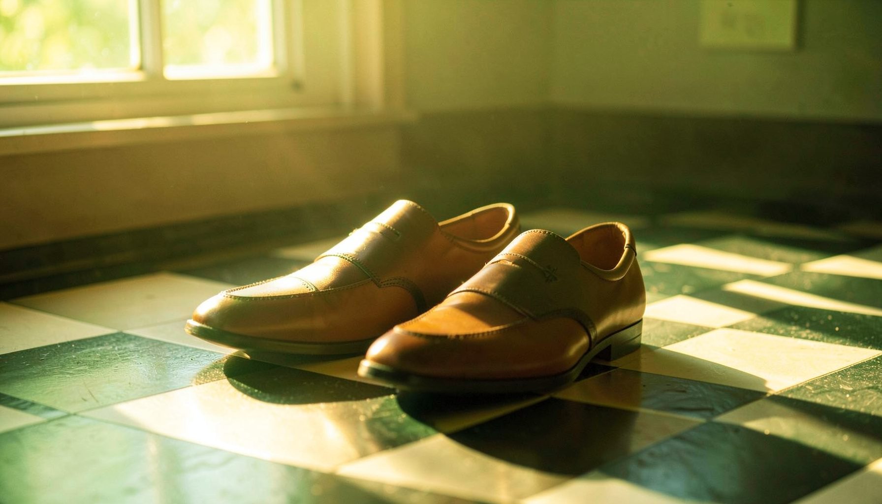 A pair of two-tone saddle shoes on a checkerboard floor, bathed in warm sunlight from a nearby window.