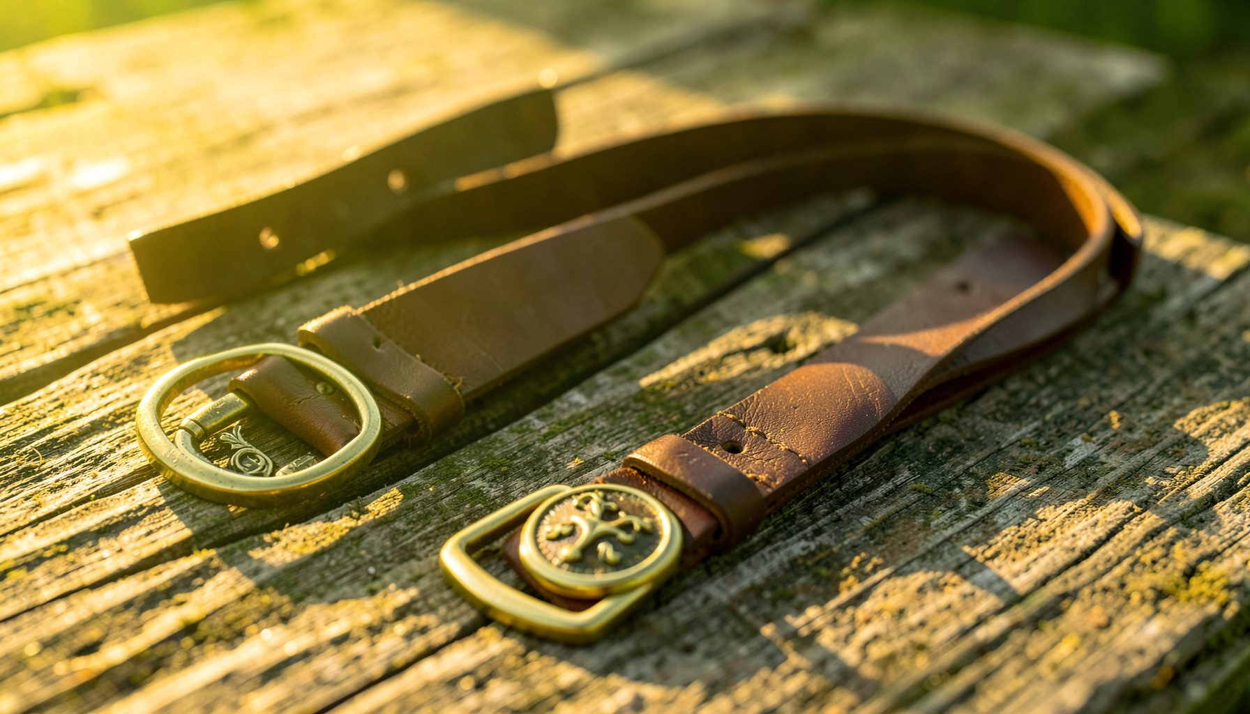 A selection of decorative buckles and a slim leather belt laid out on weathered wood in golden-hour light.
