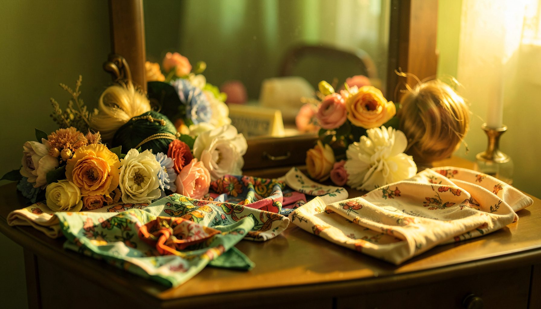 A collection of retro hair flowers, bandanas, and a headscarf arranged on a vanity table in warm light.
