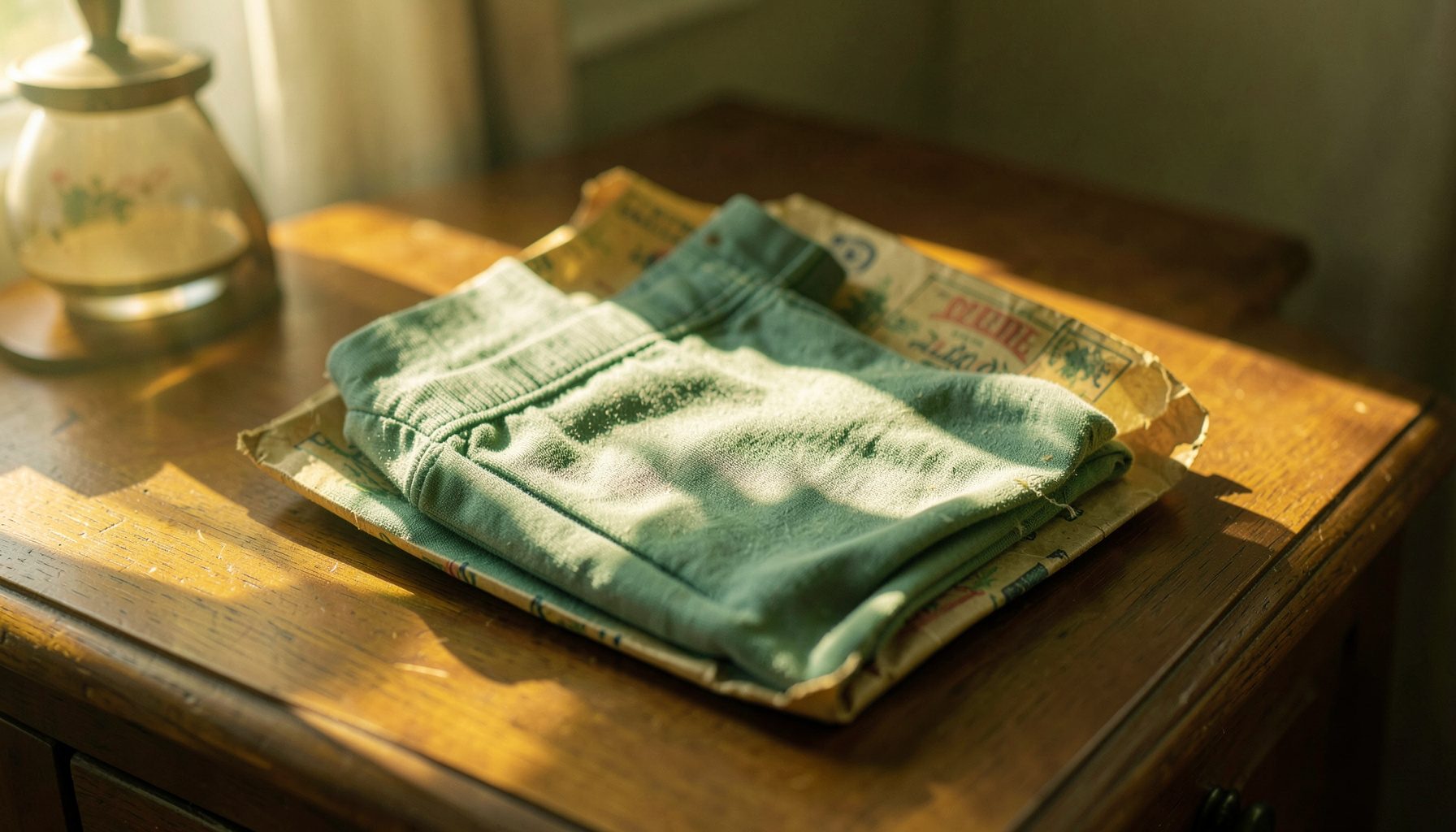 A pair of seamed nylons still in their vintage-style packaging, photographed on a dresser in soft morning light.