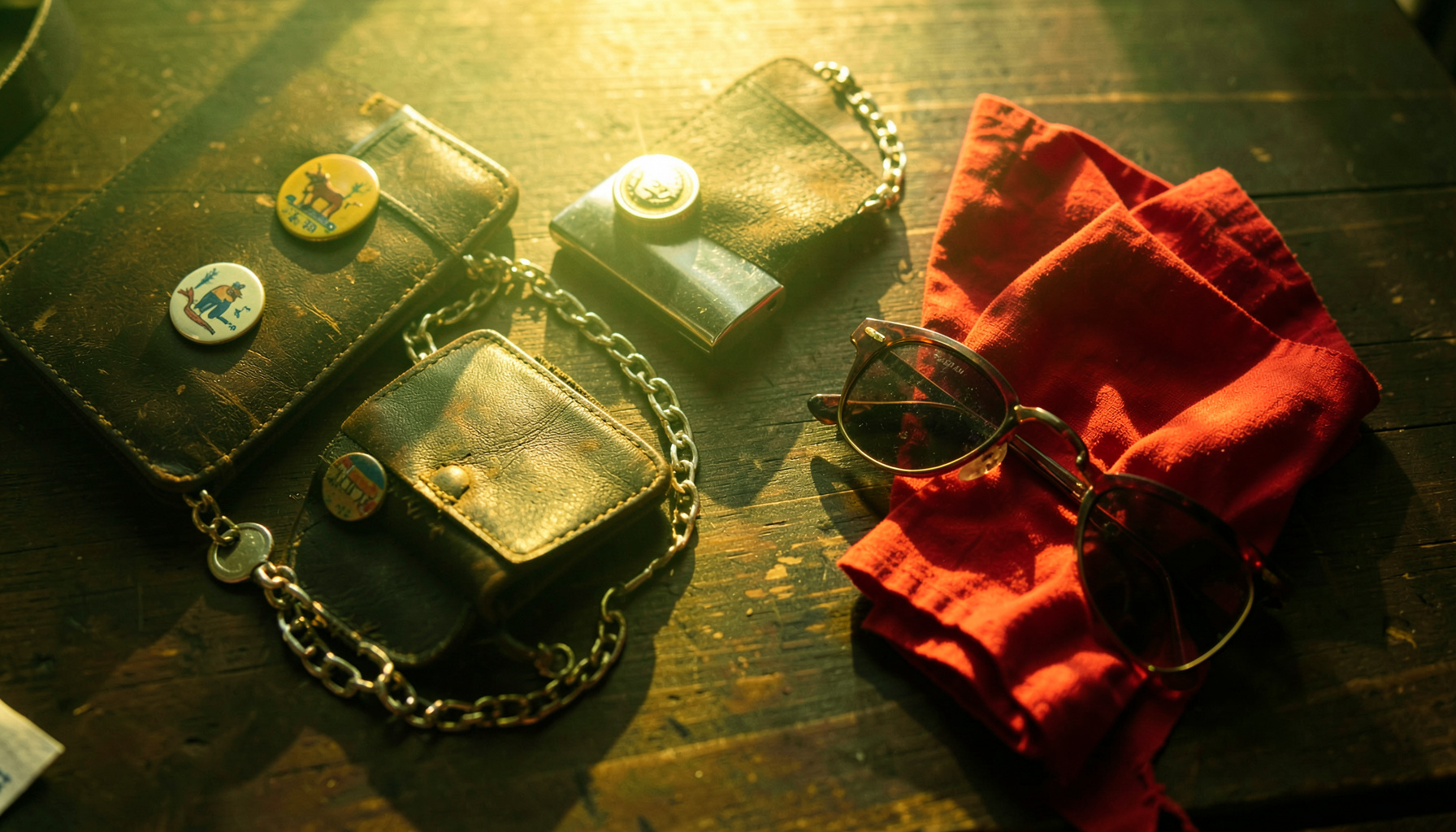 A flat lay of vintage accessories on a dark wooden tabletop: enamel pins, a chrome lighter, a leather wallet with a chain, a folded red bandana, and a pair of classic wayfarer sunglasses, all bathed in warm golden-hour light with soft shadows.