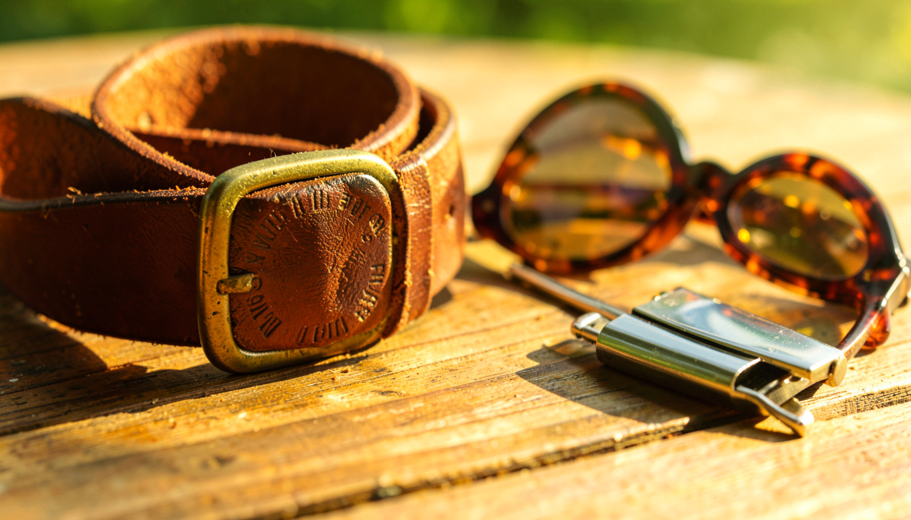 A close-up shot of a worn leather belt with an engraved brass buckle, resting beside a pair of tortoiseshell sunglasses and a chrome zippo lighter on a sunlit wooden surface, warm amber tones throughout.