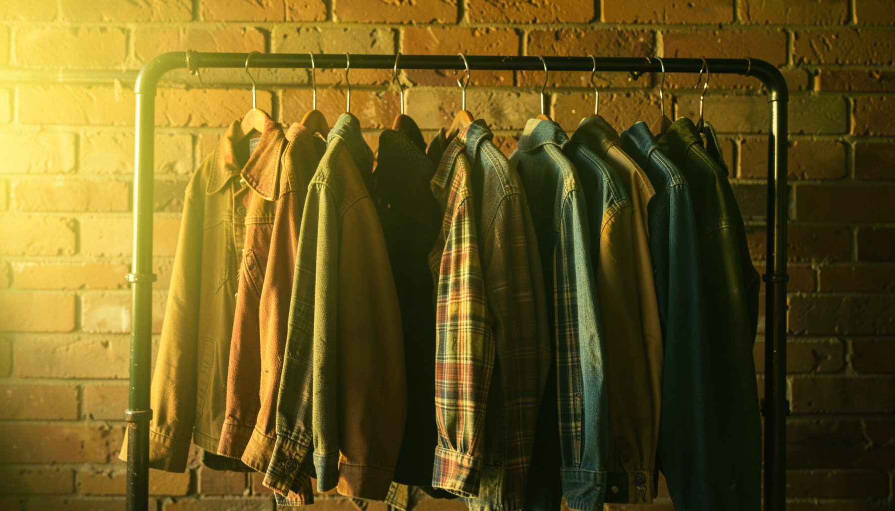 A warm golden-hour photograph of a vintage clothing rack displaying retro jackets, plaid shirts, and denim in rich earthy tones against a softly lit brick wall.