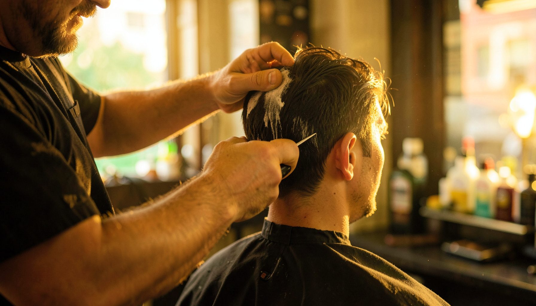 A barber's hands working pomade into hair, warm amber tones and soft focus, golden-hour light streaming through a shop window.