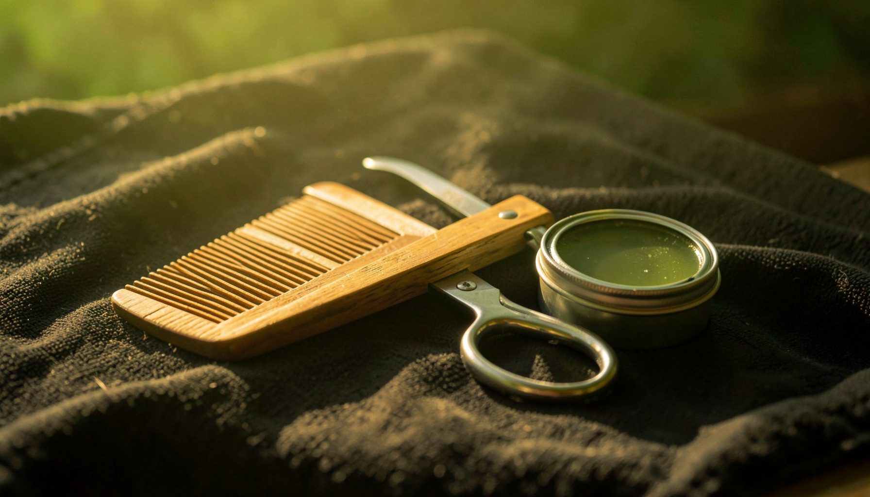 A wooden grooming kit with a beard comb, scissors, and a tin of balm, resting on a dark textured cloth in warm evening light.