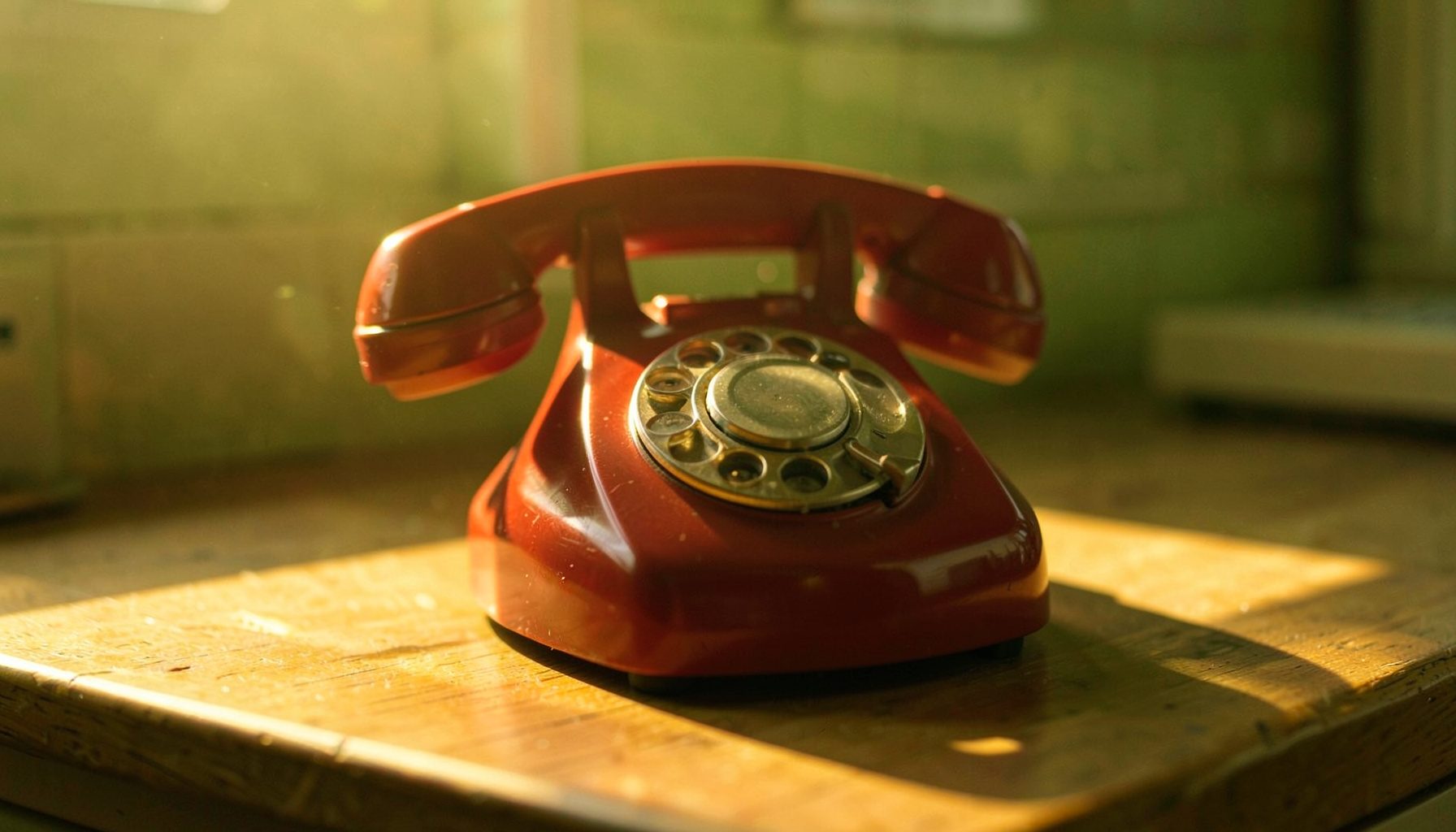 A vintage rotary telephone in cherry red resting on a wooden countertop, bathed in warm golden-hour sunlight with soft shadows stretching across the surface.