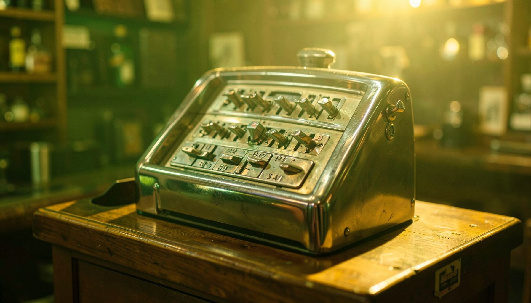 A vintage cash register with chrome detailing on a wooden counter, warm golden light spilling across the scene, evoking a classic 1950s shop atmosphere.
